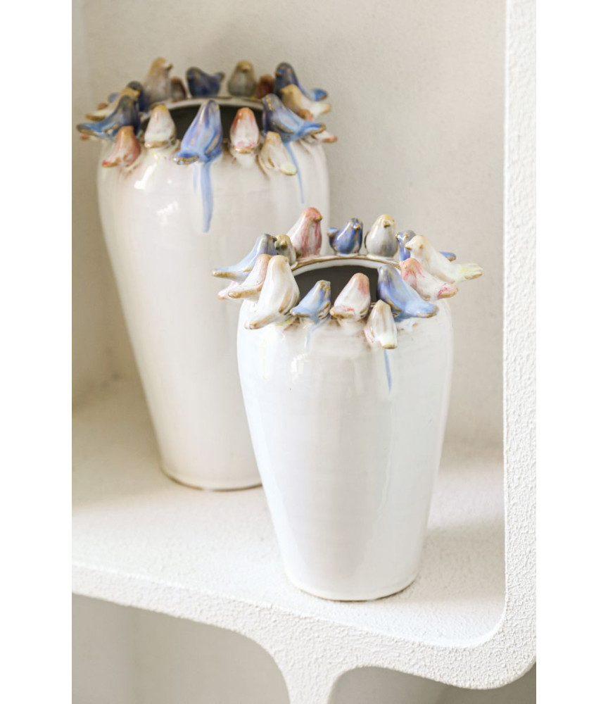 PTMD Brin Cream Wazon ceramiczny z ptaszkami L Handmade